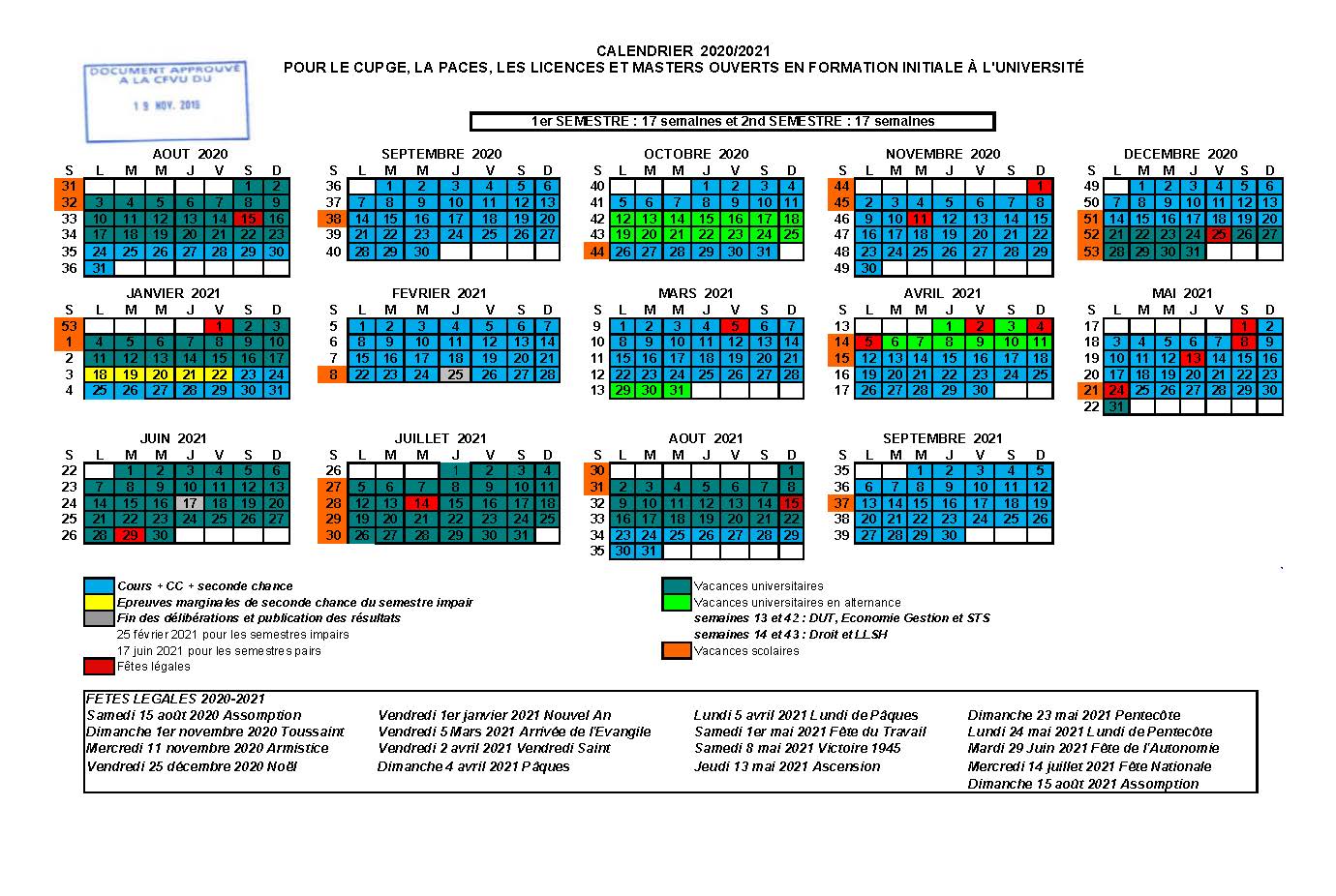 Calendrier de l’année universitaire | UPF